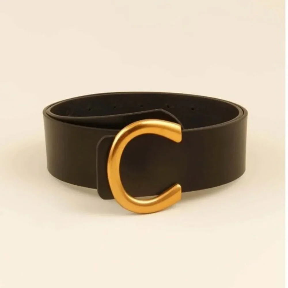 Wide Vegan Leather Oversized Gold Buckle Belt